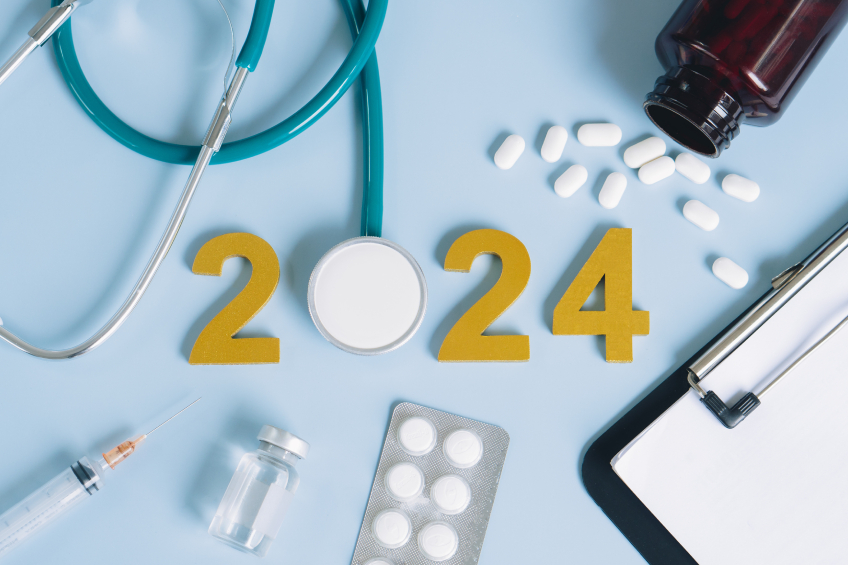 A graphic showing medical supplies, signifying healthcare trends 2024